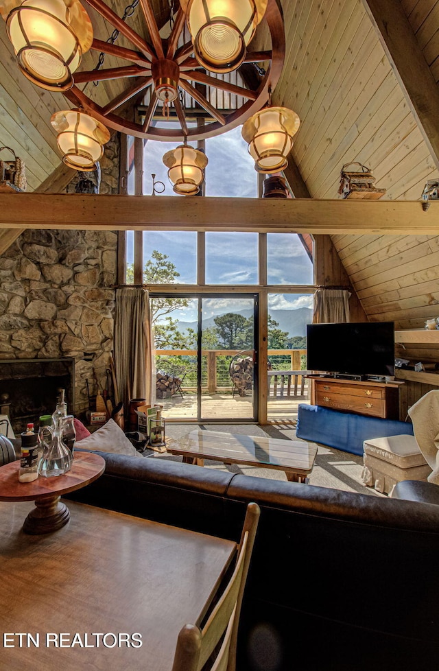 living room featuring wood ceiling, ceiling fan, beam ceiling, high vaulted ceiling, and a fireplace