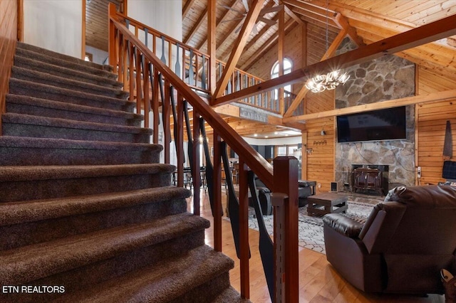 staircase with a wood stove, wooden ceiling, high vaulted ceiling, wood-type flooring, and wooden walls