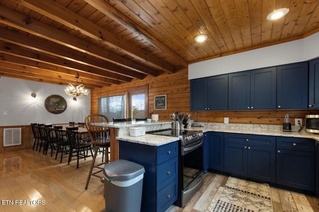 kitchen featuring electric range, wood walls, blue cabinets, and light hardwood / wood-style flooring