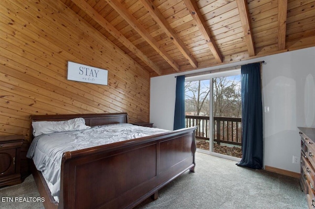 unfurnished bedroom with beam ceiling, wooden ceiling, wood walls, access to outside, and carpet