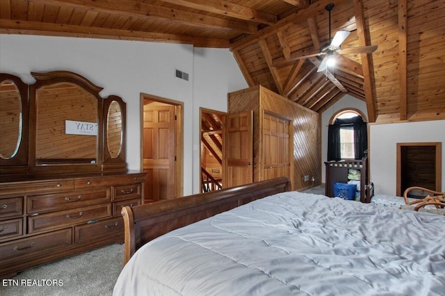 carpeted bedroom with beam ceiling, wood ceiling, and high vaulted ceiling