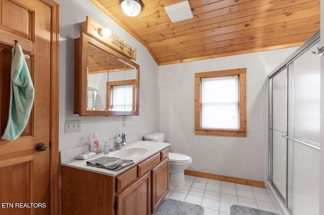 bathroom featuring a shower with door, vanity, wooden ceiling, and vaulted ceiling