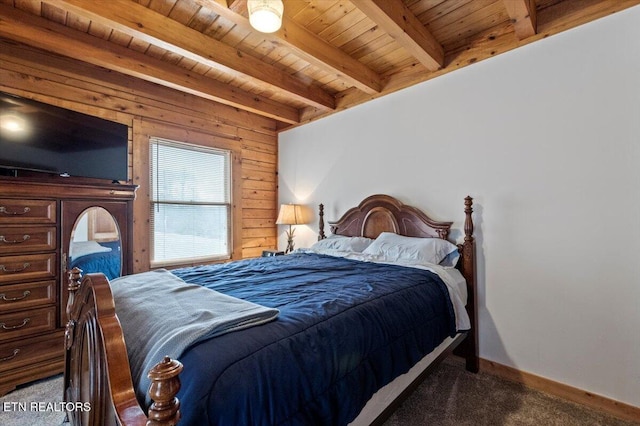 carpeted bedroom featuring wooden walls, beamed ceiling, and wood ceiling