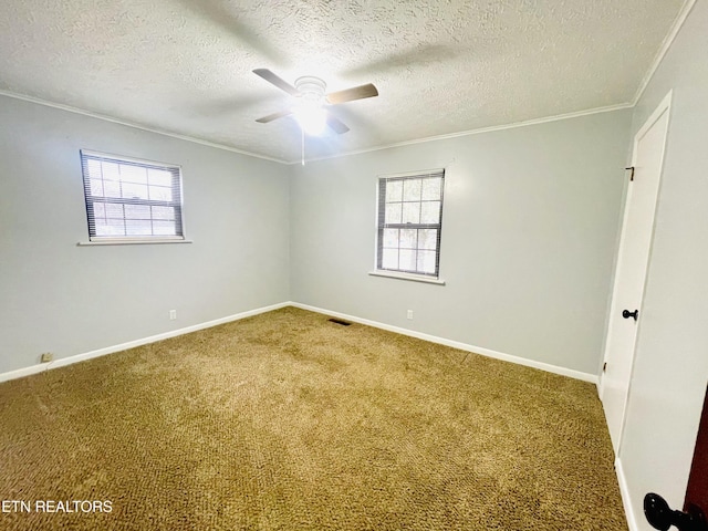 spare room with crown molding, carpet, a textured ceiling, and ceiling fan