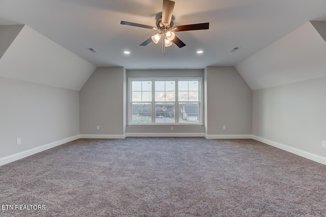 bonus room featuring carpet flooring, ceiling fan, and lofted ceiling