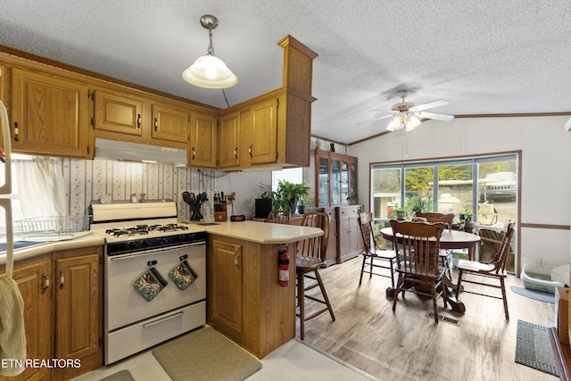 kitchen with lofted ceiling, white stove, ceiling fan, decorative light fixtures, and kitchen peninsula