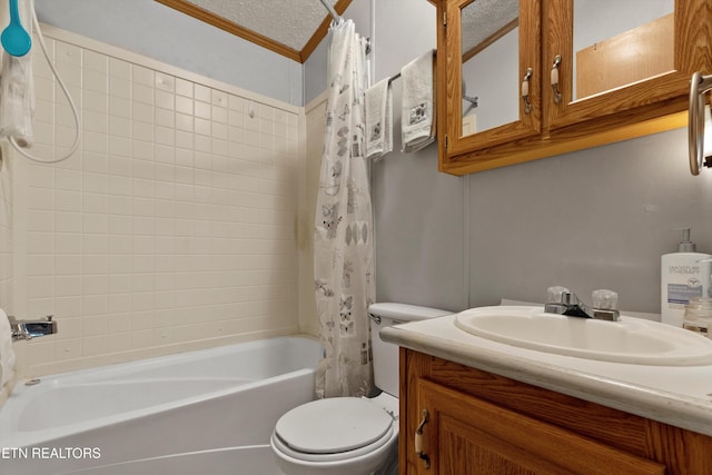 full bathroom featuring shower / bath combo, crown molding, a textured ceiling, toilet, and vanity