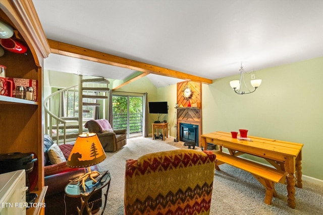 living room featuring a fireplace, carpet, lofted ceiling with beams, and a notable chandelier