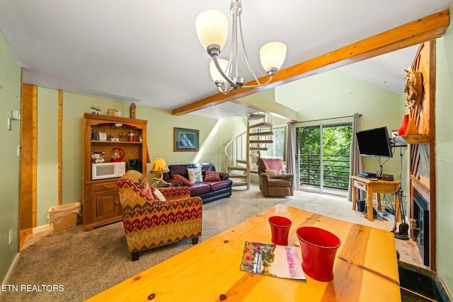 carpeted living room featuring beamed ceiling and a notable chandelier