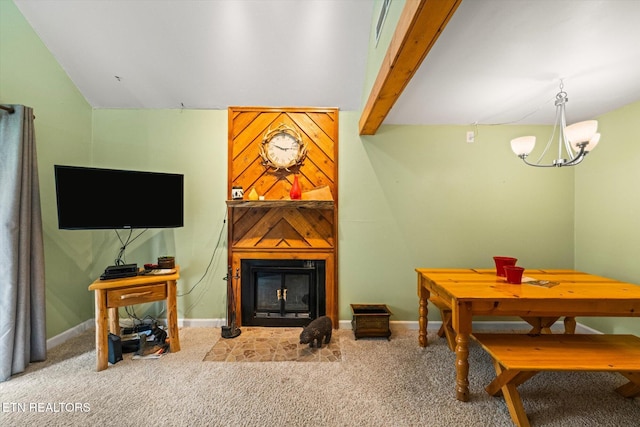 living room with carpet, vaulted ceiling with beams, and a notable chandelier