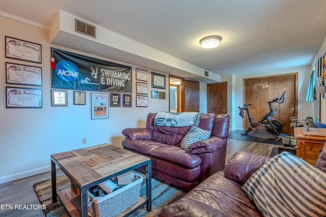 living room with a textured ceiling and dark hardwood / wood-style floors