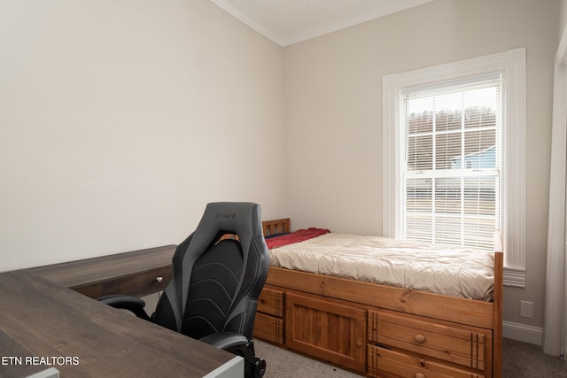 bedroom with light colored carpet and ornamental molding