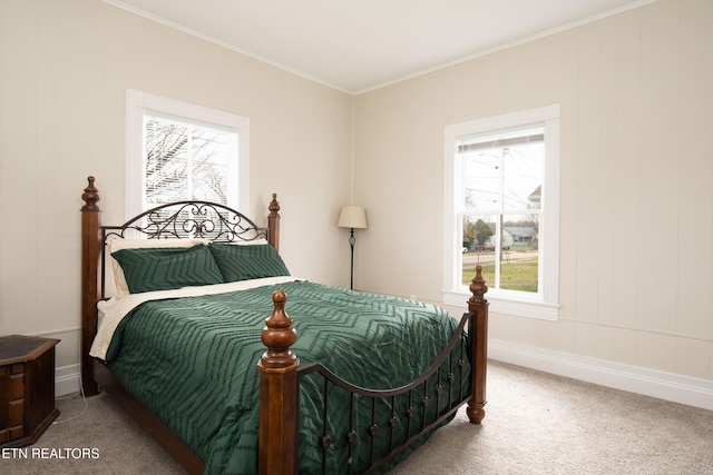 bedroom with carpet and ornamental molding