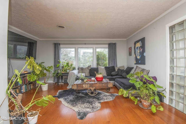 living room featuring hardwood / wood-style floors, ornamental molding, and a textured ceiling