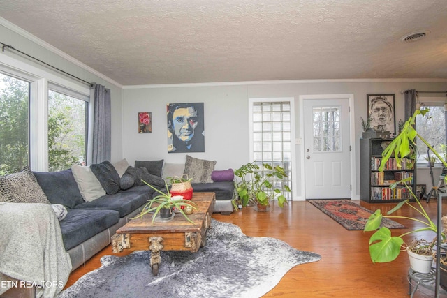 living room with crown molding, a textured ceiling, and hardwood / wood-style flooring