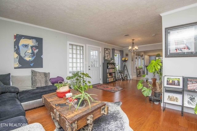 living room featuring crown molding, a textured ceiling, and a chandelier