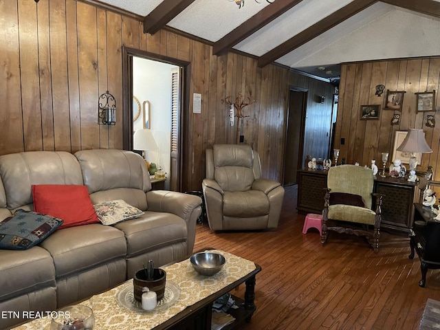 living room with vaulted ceiling with beams, hardwood / wood-style flooring, and wooden walls