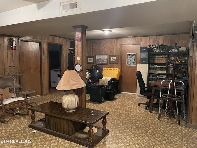 interior space featuring wood walls