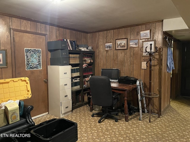 office area with wood walls