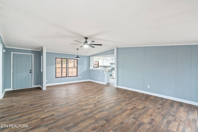 unfurnished living room featuring ceiling fan, dark hardwood / wood-style flooring, vaulted ceiling, and ornamental molding