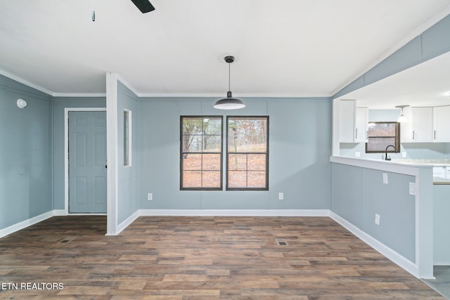 unfurnished dining area with dark hardwood / wood-style flooring, ceiling fan, crown molding, and sink