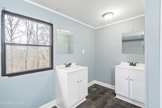 bathroom featuring vanity, wood-type flooring, and ornamental molding