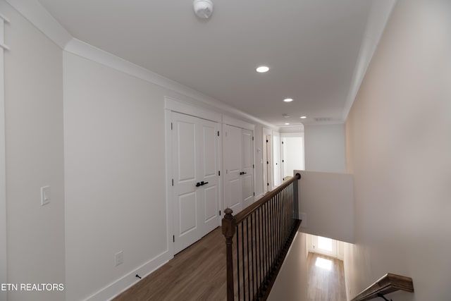 hall featuring crown molding and dark hardwood / wood-style flooring