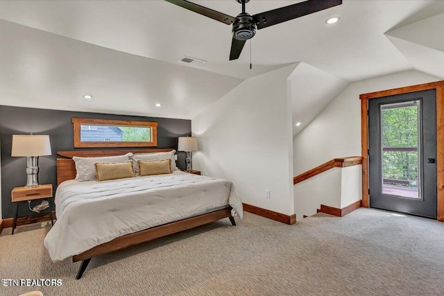 carpeted bedroom featuring access to exterior, ceiling fan, and lofted ceiling