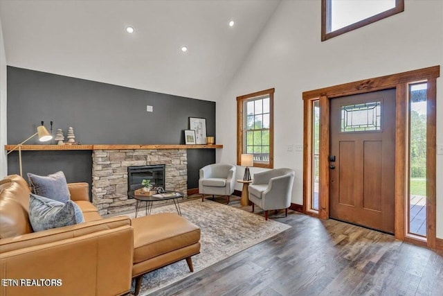 living room with hardwood / wood-style floors, a stone fireplace, and high vaulted ceiling