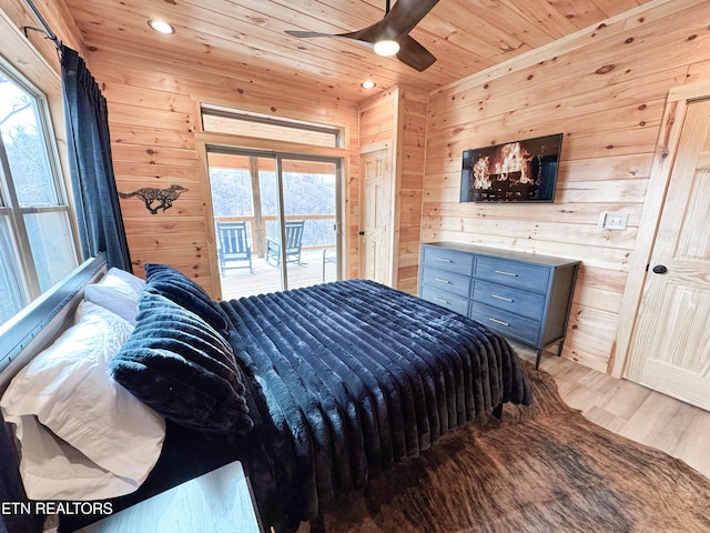 bedroom featuring wooden ceiling, wooden walls, recessed lighting, access to exterior, and light wood finished floors