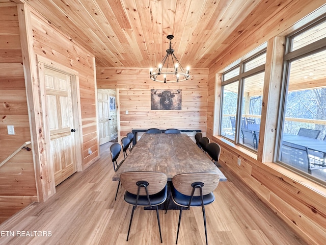 dining area featuring light wood finished floors, wood ceiling, wooden walls, and a notable chandelier