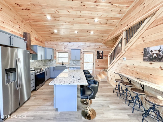 kitchen with wooden ceiling, a kitchen island, appliances with stainless steel finishes, light stone countertops, and a sink