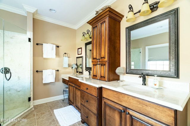 bathroom featuring an enclosed shower, vanity, tile patterned floors, and ornamental molding