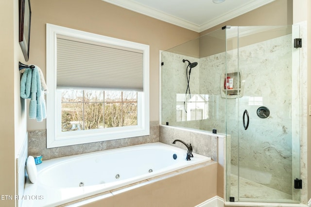 bathroom featuring crown molding and plus walk in shower