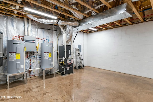 basement featuring electric water heater and heating unit