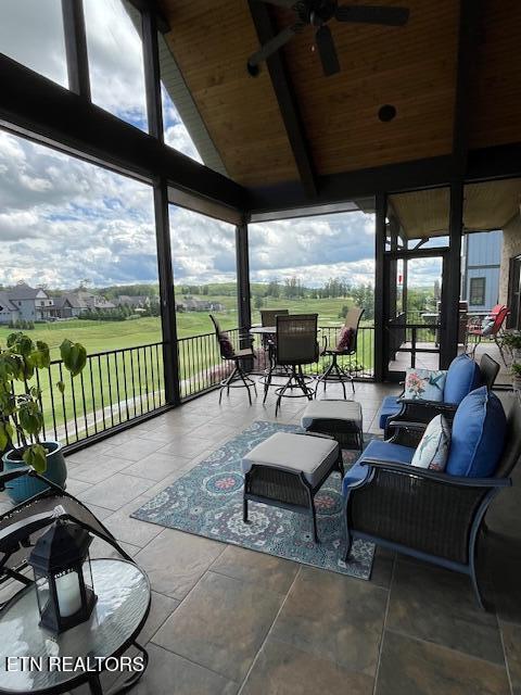227 Starboard Dr, Lenoir City, TN 37772 - sunroom / solarium featuring ceiling fan, wood ceiling, an outdoor hangout area, outdoor dining space, and tile patterned flooring