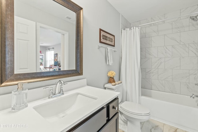 full bathroom featuring shower / bathtub combination with curtain, vanity, and toilet