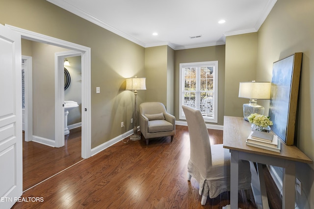 office area with crown molding and dark wood-type flooring