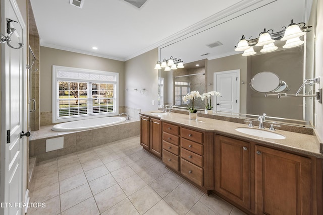 bathroom with tile patterned flooring, vanity, plus walk in shower, and crown molding