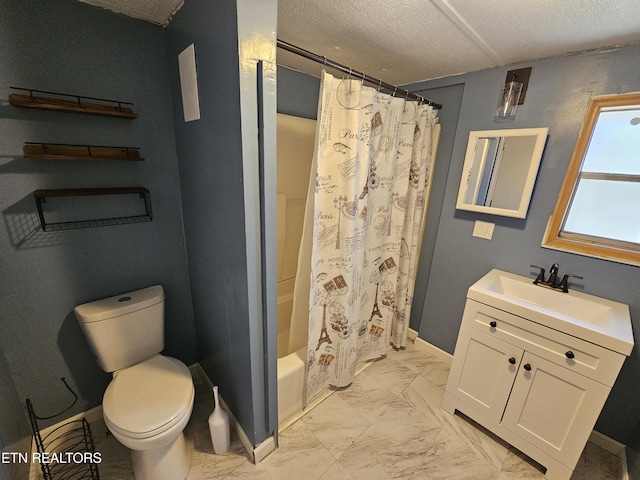 full bathroom with vanity, toilet, a textured ceiling, and shower / tub combo with curtain