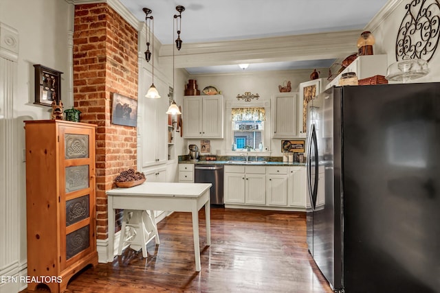 kitchen with black fridge, stainless steel dishwasher, white cabinets, and pendant lighting