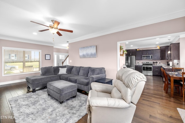 living room with ceiling fan, dark hardwood / wood-style floors, and ornamental molding