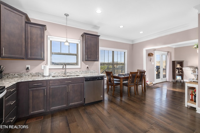 kitchen with stainless steel dishwasher, dark brown cabinetry, sink, dark hardwood / wood-style floors, and hanging light fixtures