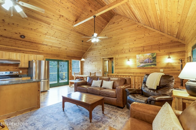 living room featuring wood walls, high vaulted ceiling, light hardwood / wood-style floors, beam ceiling, and wood ceiling