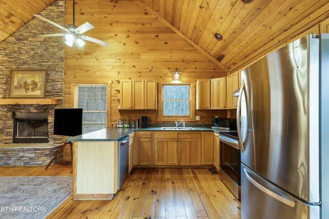 kitchen with a fireplace, stainless steel appliances, high vaulted ceiling, and sink