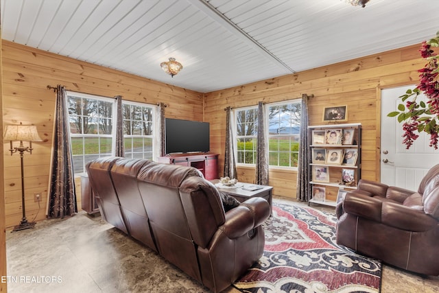 living room featuring wood walls and concrete flooring