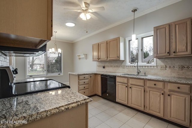 kitchen featuring sink, pendant lighting, a textured ceiling, and dishwasher