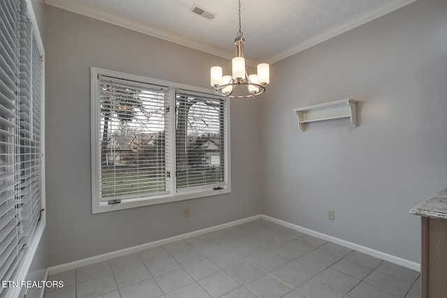 unfurnished dining area featuring an inviting chandelier, light tile patterned floors, and ornamental molding