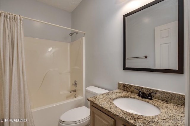 full bathroom with toilet, vanity, and shower / bathtub combination with curtain