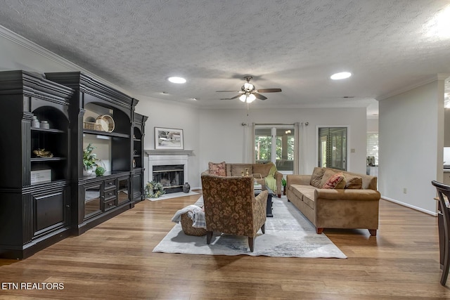 122 Oohleeno Way, Loudon, TN 37774 - living room with a ceiling fan, wood finished floors, crown molding, a fireplace with flush hearth, and a textured ceiling